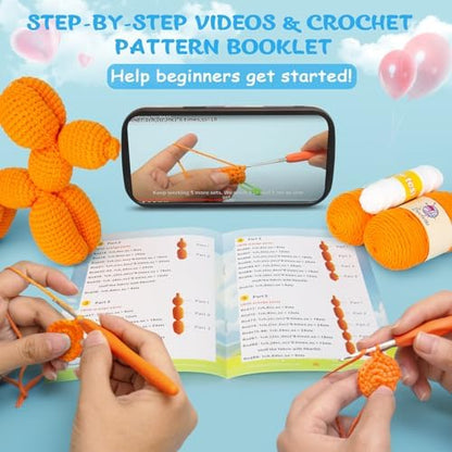 Crochetta Crochet Kit for Beginners, Crochet Kit w Step-by-Step Video Tutorials, Crochet Starter Kit Learn to Crochet Kits for Adults Kids Beginners, Vibrant Orange Balloon Dog (40%+ Yarn Content) - Image 2