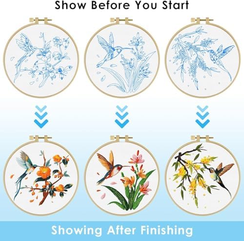 GLTAYLMY 3 Pack Embroidery Kits for Adults, Hummingbird and Flower Embroidery Kit for Beginners with Clear Instructions,1 Plastic Embroidery Hoops, Stamped Patterns, Colorful Threads, Tools - Image 2
