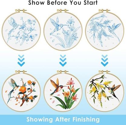 GLTAYLMY 3 Pack Embroidery Kits for Adults, Hummingbird and Flower Embroidery Kit for Beginners with Clear Instructions,1 Plastic Embroidery Hoops, Stamped Patterns, Colorful Threads, Tools - Image 2