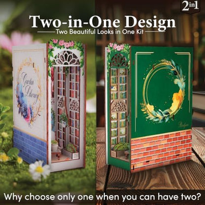2-in-1 Book Nook Kit – Garden Library NOOKBOOX by ROSELYZIA – DIY Miniature House Craft Kit Dollhouse and 3D Wooden Puzzle with Color-Changing LED Light – Bookshelf Decor Gift for Adults & Teens - Image 3