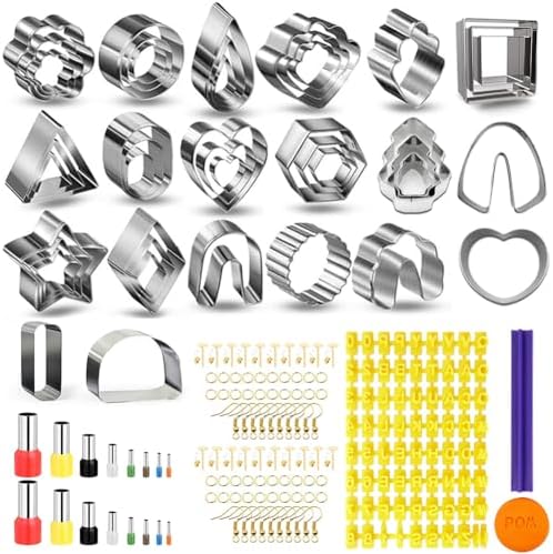 PTFJZ Polymer Clay Cutters for Earring Making 181pcs Clay Tools Set with 44 Shapes Stainless Steel Clay Earrings Cutters 16 Circle Shape Cutters 1 Letter Stamp 120 Jewelry Accessories by PTFJZ