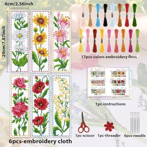 ACRNIGHEET 6PCS Cross Stitch Bookmark Kit for Beginner Flower Pattern Stamped Cross Stitch Kits for Adults Crossstitch Kits Adult Bookmarks with Instructions Hand Embroidery Craft Gift 8''x2.4'' 11CT - Image 2