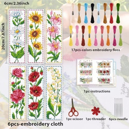 ACRNIGHEET 6PCS Cross Stitch Bookmark Kit for Beginner Flower Pattern Stamped Cross Stitch Kits for Adults Crossstitch Kits Adult Bookmarks with Instructions Hand Embroidery Craft Gift 8''x2.4'' 11CT - Image 2