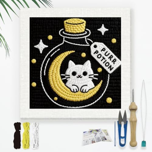 DOODLREAM Cat Sitting on Moon Needle Kit for Beginner, 9.4"x 9.4" Magical Bottle Punch Stitching Craft Set, DIY Embroidery Starter with Printed Frame, Instruction, Threader, Yarn, Punch Needle by Doodlream