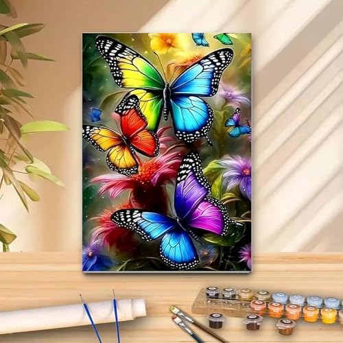 MaiMMaledy Paint by Numbers Kit for Adults Beginners with Framed Canvas Pictures Drawing Painting Acrylic Pigment with Wooden Triangle Easel 8Lx12W inch Colorful Butterfly - Image 3