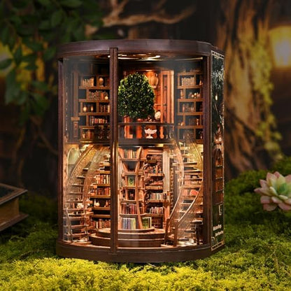 Book Nook Kit for Adults & Teens – DIY Miniature House Library, Wisdom Ring Library 3D Wooden Puzzle Bookend Bookshelf Insert with LED Light, Dollhouse Craft Kit for Decor & Gifts - Image 5