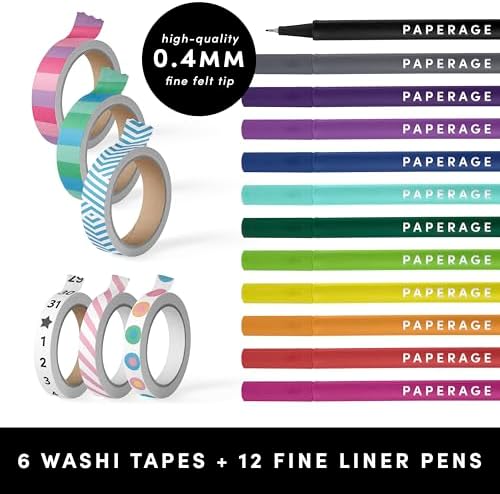 PAPERAGE Bullet Journal Kit, Dotted Journaling Set & Stationary Kit, Hardcover Dotted Journal Notebook (Navy), 12 fineliner Pens, 8 Sticker & 3 Stencil Sheets, 6 Washi Tapes - Image 3