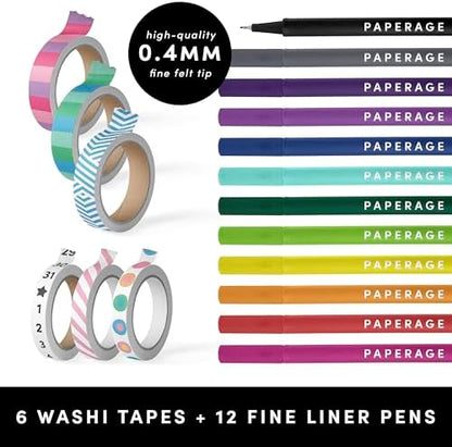 PAPERAGE Bullet Journal Kit, Dotted Journaling Set & Stationary Kit, Hardcover Dotted Journal Notebook (Navy), 12 fineliner Pens, 8 Sticker & 3 Stencil Sheets, 6 Washi Tapes - Image 3