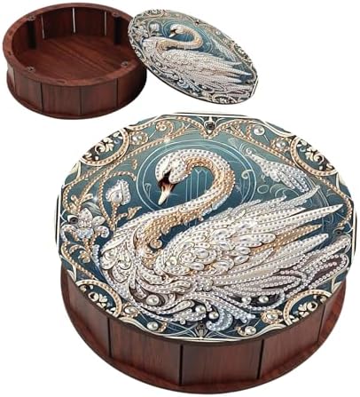antor Swan Diamond Painting Storage Box, Round Wooden DIY 5D Crystal Diamond Art Painting Tabletop Ornament Organizer, Jewelry or Trinket Storage Gift, Home Office Decor Crafts by antor
