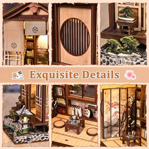 DIY Book Nook Kit, 3D Wooden Puzzle for Adults, Japanese Zen Garden Miniature House Model with LED Light, Creative Shelf Insert Decor & Arts Crafts Gift (Moss Lantern Harmony Garden) - Image 6