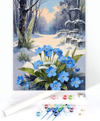 Winter Paint By Numbers Kit For Adults - Diy Blue Flowers Snowy Path Painting On Canvas, Acrylic Paint Set, Suitable For Beginners, Wall Art Decor Art For Home Decoration Or Gifts(8X12IN framed) - Image 3