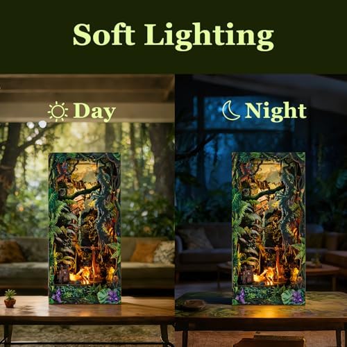 fifijoy Jungle Adventure DIY Book Nook Kit - 3D Wooden Puzzle Dollhouse Miniature House with LED Lights and Sound Effects, Jungle Explorer Bookshelf Insert Decor, Creative Gift for Adults and Teens - Image 6