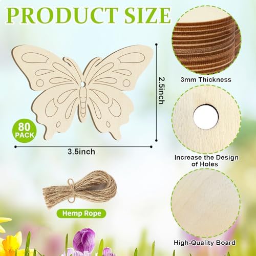 80PCS Wooden Spring Ornaments to Paint Butterfly Cutouts, 8 Styles DIY Blank Unfinished Wood Butterfly Cutouts Ornament for Home Crafts Hanging Decorations - Image 7