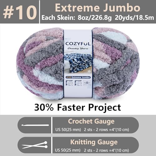 Cozyful Chunky Yarn for Hand Knitting - #10 Chunky Chenille Blanket Yarn, Jumbo Big Thick Chunky Yarns for Crocheting, Tie Dye Bulky Knit Yarns, 8 Skein (20 yds 8 oz Each Skein), Purple & Grey & Sky - Image 2