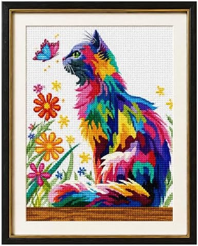 Zhenqing Playful Cat & Butterfly Cross Stitch Kit for Beginners - 11CT Printed 30x40cm Aida Cloth, Colorful Threads & Needle Included (No Hoop/Scissors) (66988) by ZhenqingHomeFlagship