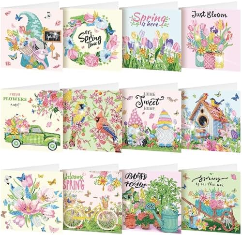 Saillong 12 Pack Spring Diamond Painting Greeting Card Kits Easter Diamond Art Cards with Envelopes Gnome Tulips Flowers 5d Rhinestones Painting Kits for Adults DIY Crafts Family Friend Spring Gifts by Saillong