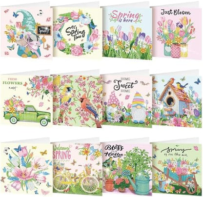 Saillong 12 Pack Spring Diamond Painting Greeting Card Kits Easter Diamond Art Cards with Envelopes Gnome Tulips Flowers 5d Rhinestones Painting Kits for Adults DIY Crafts Family Friend Spring Gifts by Saillong
