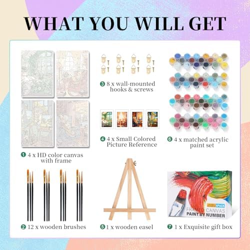 Camocin 4 Pack Framed Paint by Numbers Kit for Adults with Wooden Easel - Image 4