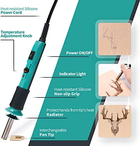 YIHUA 930-IV Pyrography Wood Burning Pen Kit Adjustable Temperature, Power Switch, Heat Deflector, Rubber Grip with 10 Pyrography Tips, 2 Wood Pieces, Flip-Up Pen Stand, for Woodburning DIY Crafts - Image 3