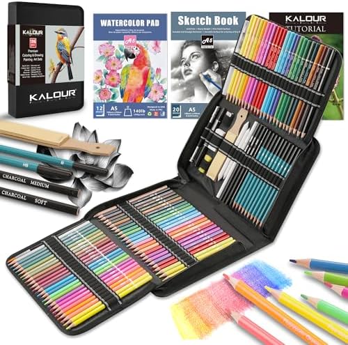 KALOUR 106 Coloring Sketching Kit Set - Art Supplies with Sketchbook & Watercolor Paper - Include Drawing Tutorial, Watercolor,Colored,Metallic,Fluorescent,Sketch Pencils - for Artists beginner by KALOUR