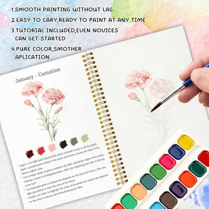 12 Months of Flowers Watercolor Set, Birth Flower Painting Book, DIY Art Kit for Beginners, Relaxing Floral Gift for Women & Adults, Stress Relief Watercolor Workbook - Image 4