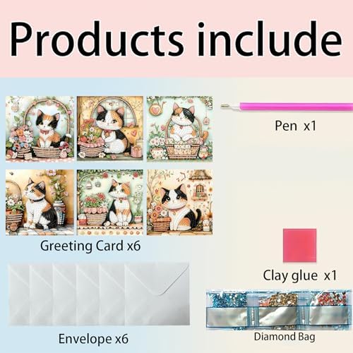 6pcs Little Garden Cat Diamond Art Painting Greeting Cards Kit with Envelopes, 5D DIY Special Shaped Card Making Kits for Adults, Holiday Birthday Postcards, Creative Craft Gifts - Image 3