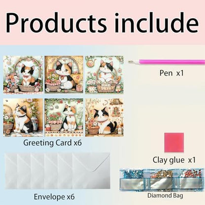 6pcs Little Garden Cat Diamond Art Painting Greeting Cards Kit with Envelopes, 5D DIY Special Shaped Card Making Kits for Adults, Holiday Birthday Postcards, Creative Craft Gifts - Image 3