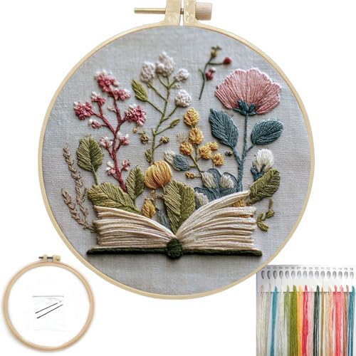 FONNUY Embroidery Kit for Beginners, Flower Book Pre-Stamped Pattern Kits for Adults with Hoop, Cross Stitch Easy to Follow Color Thread Needlework, 8'' Hoop (Green) by FONNUY