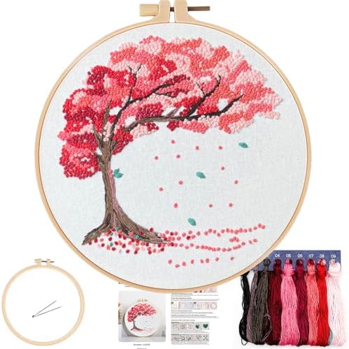 FONNUY Crewel Embroidery Kit for Beginners, Seasonal Tree Pre-Stamped Pattern Kits for Adults with Hoop, Easy to Follow Color Thread Needlework, 8'' (Pink) by FONNUY