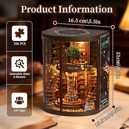 Book Nook Kit for Adult-3D Wooden Puzzles Miniature Library Bookshelf Insert Bookend Decor，Adult Miniature Model with LED Light and Dust Cover, Touch Switch, Adult Craft Kits Gift - Image 3