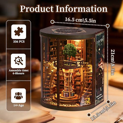 Book Nook Kit for Adult-3D Wooden Puzzles Miniature Library Bookshelf Insert Bookend Decor，Adult Miniature Model with LED Light and Dust Cover, Touch Switch, Adult Craft Kits Gift - Image 3