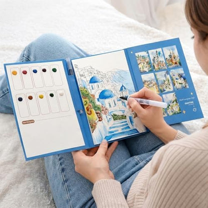 Stress Relief Watercolor Book Painting Kit, All-in-One Portable Watercolor Workingbook with 12-Color Pigment Card & Water Brush Pen, Relaxing Creative Tri-Fold Painting Set for Beginners and Adults - Image 6