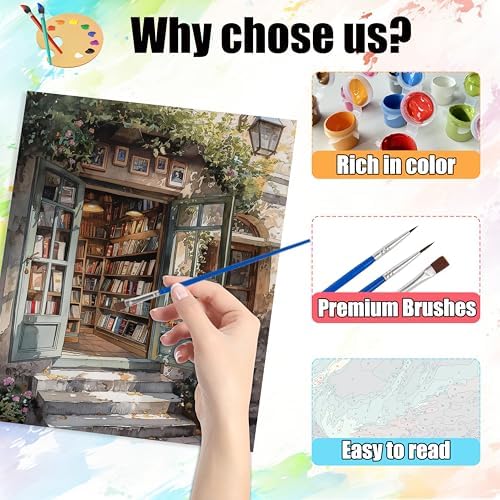 Yunruily 3 Pack Bookshop Adult Paint by Numbers - Paint by Number kit for Adults,Bookshop Paint by Number Adult for Gifts Home Wall Decor 12x16inch - Image 5
