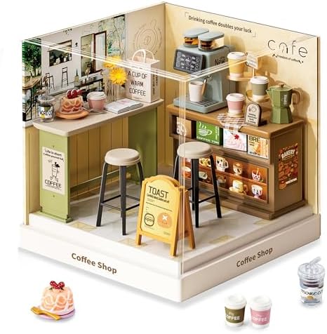 Coffee Shop Super Miniature House Kit - DIY Plastic 3D Model Building Set for Teens, Build Your Own Cozy Café with Coffee Machine & Dustproof Case, Creative Craft Gift for Girls Women by Unknown