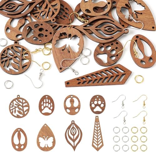 Elecrelive 8 Pairs Wooden Charms for Earring Making, Coconut Brown Wood Earring Pendants Paw Print Oval Teardrop Wood Earrings Blank Wooden Dangle Earring Making Kit with Earring Hooks by EEEELECRELIVE