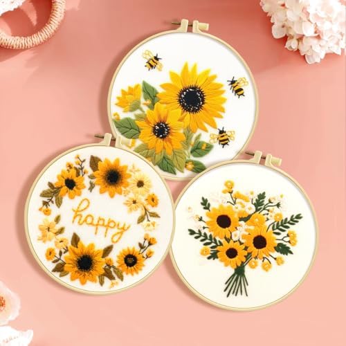 Zhenqing Sunflower Embroidery Kit 3 Designs | 11.4"x11.4" Beginner-Friendly Hand Embroidery Set with Hoop & DMC Threads | DIY Home Wall Decor, Mindful Gift for Mothers Day C0005 - Image 2