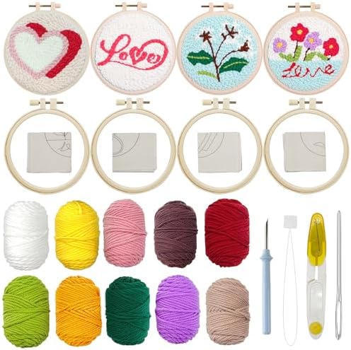 Allazone 4 PCS Punch Needle Kit, Embroidery Kit for Beginners Adults, Punch Needle Embroidery Kit, Handcraft Punch Needle Kits, Love and Flowers by Allazone