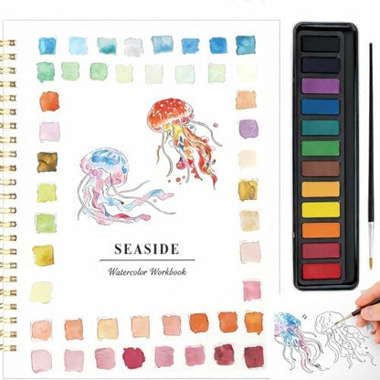Beginner Watercolor Painting Kit with Seaside Watercolor Workbook, 12 Colors Watercolor Paint Set, Paint Brushes Included, Easy Art Set for Beginners by Unknown