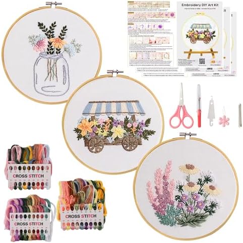 Looples Embroidery Kit for Beginners and Adults with Video Tutorials – DIY Starter Kit with 3 Stamped Floral Patterns, Hoops, Threads, Needles, and Instructions - Cart, Glass Jar, and Flowers by Unknown