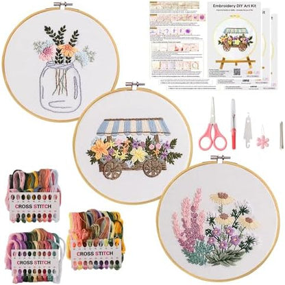 Looples Embroidery Kit for Beginners and Adults with Video Tutorials – DIY Starter Kit with 3 Stamped Floral Patterns, Hoops, Threads, Needles, and Instructions - Cart, Glass Jar, and Flowers by Unknown