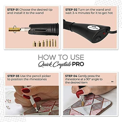 Quick Crystals Pro Hotfix Applicator, Bedazzler Kit with Rhinestones, DIY Wand Setter Tool Kit with 7 Different Tip Sizes, Tweezers, Cleaning Brush, User Manual, and 4400 Rhinestones - Black - Image 6
