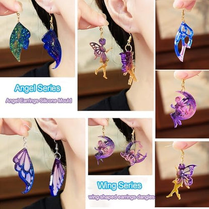 104Pcs Geometric Resin Earring Molds Kit, Wing Angel Shaped Earrings Silicone Mold for Epoxy Resin Dangle Drop Jewelry Molds Making Kit with 100 Earring Hook for Earrings Necklace Pendants (Wing) - Image 2