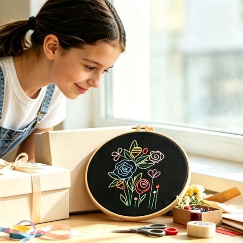 Flowers Embroidery Kits for Adults Beginners, Embroidery Starters Kit, Floral Stamped Cross Stitch Kits Needlepoint Kits for for Beginners Adults Valentine's Day Gifts, Embroidery Hoop, Video Tutorial - Image 5