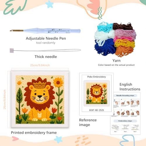 SDOYUNO Punch Needle Kit with Frame for Adults Beginners Kits 9.84 x 9.84 Inch Embroidery Starter Kits Punch Needle Kit with Lion Pattern, Threader, Yarns, Rug Punch, DIY Craft Kits (Yellow) - Image 2