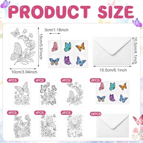 Gueevin 24pcs Butterfly Coloring Greeting Cards with Envelopes and Stickers Butterfly Color Your Own Postcards 4 x 6 Flower Thank You Note Cards for Adults Wedding Birthday Gifting DIY Crafts Mailing - Image 2