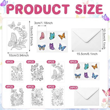 Gueevin 24pcs Butterfly Coloring Greeting Cards with Envelopes and Stickers Butterfly Color Your Own Postcards 4 x 6 Flower Thank You Note Cards for Adults Wedding Birthday Gifting DIY Crafts Mailing - Image 2