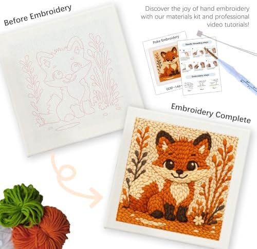 SDOYUNO Punch Needle Kit with Frame for Adults Beginners Kits 9.84 x 9.84 Inch Embroidery Starter Kits Punch Needle Kit with Fox Pattern, Threader, Yarns, Rug Punch, DIY Craft Kits (Brown) - Image 3