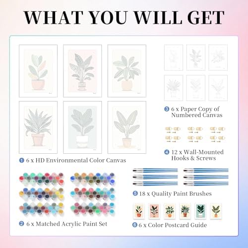 6 Pack Paint by Numbers Kit for Adults, Green Plants Canvas Painting Set - Image 4