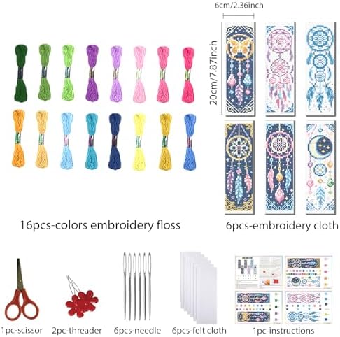 FREEBLOSS 6 Set Cross Stitch Bookmark Kits Dreamcatcher Pattern Stamped Embroidery Kit Stitch Bookmarks DIY Book Marks Printed Cross Stitch Kits with Instructions for Beginners Adults 8''x2.4'' - Image 2