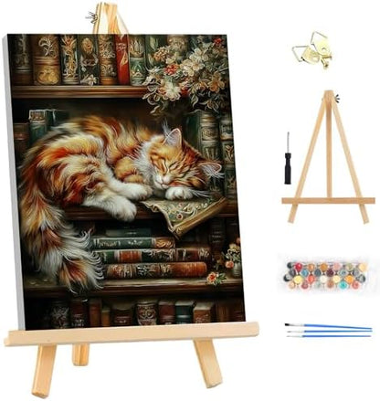 EOBROMD Framed Paint by Numbers Kits for Adults with Wooden Easel, Cat Bookshelf DIY Acrylic Paint by Number on Stretched Canvas, Painting Kits Adults Oil by Numbers for Home Decor 10x14 Inch by EOBROMD